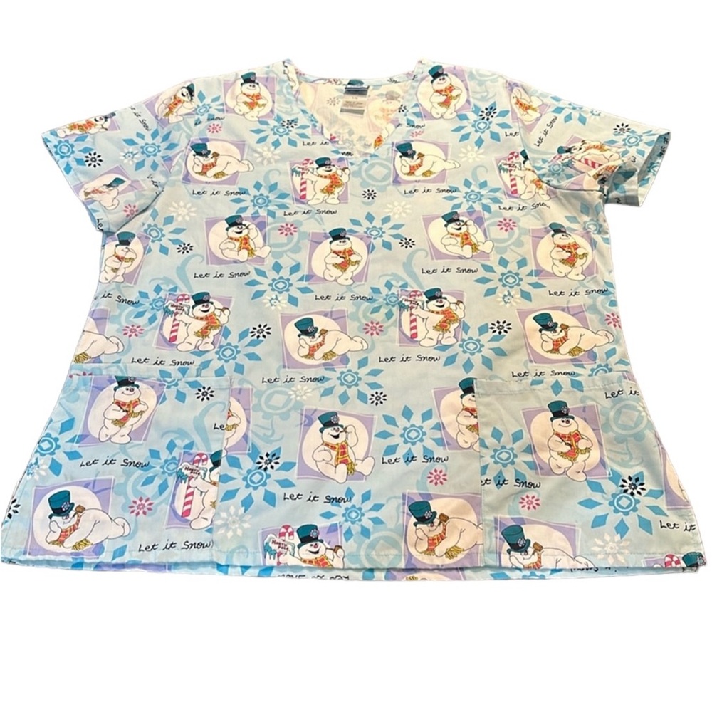 Frosty the Snowman Woman's Christmas Scrubs,‎ Size: Large Color: powder blue